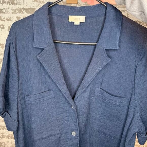 Loft | women navy blue gauzy romper shorts button up - Picture 1 of 12